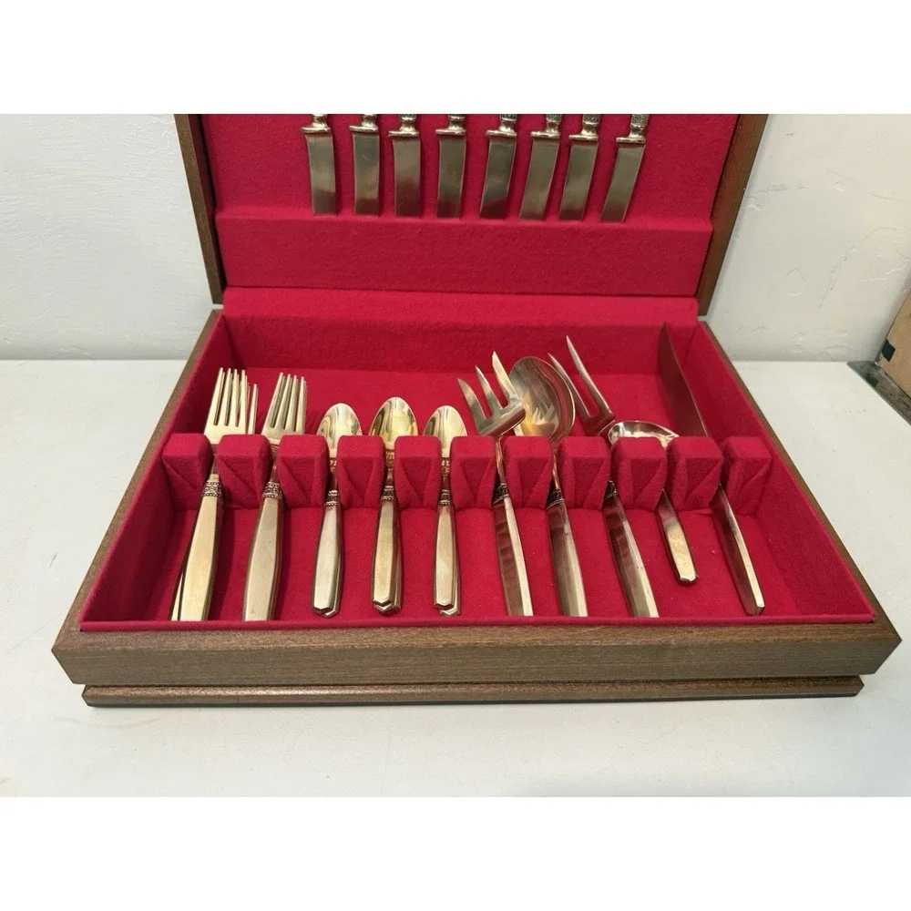 Vintage Thai Brass Flatware Set. Service For 8 29 Piece Set Gold Tone with Case